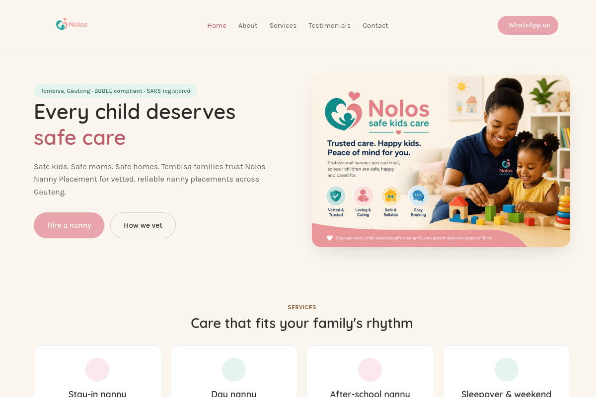 Nolos Nanny Placement homepage preview